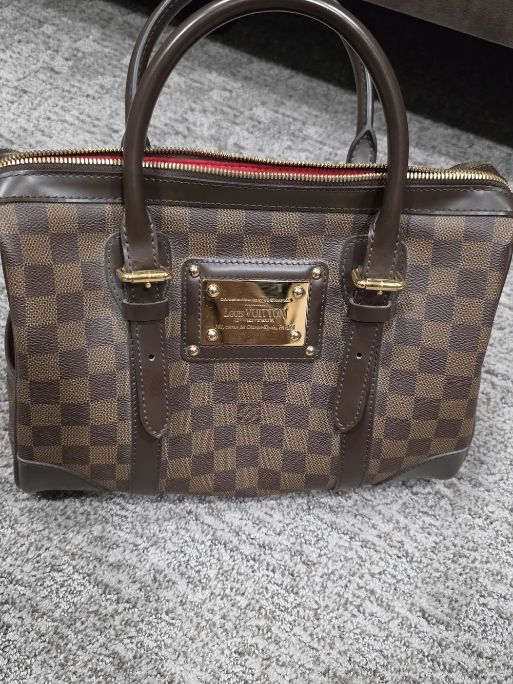 Louis Vuitton Brown Damier Ebene Satchel with Red Interior and Gold Hardware